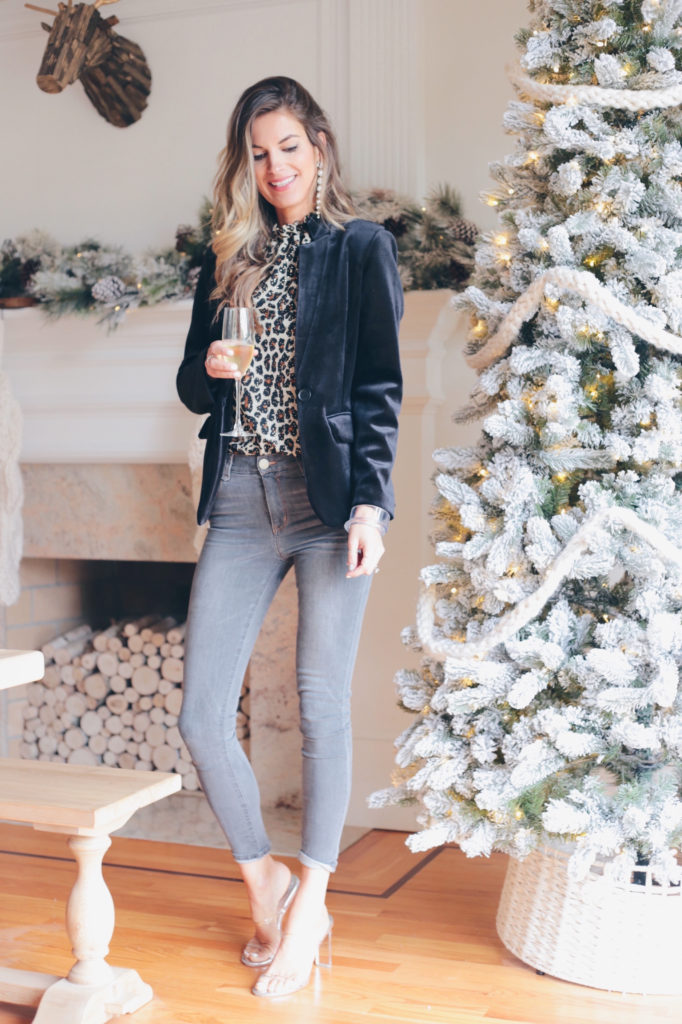 gibson glam holiday 2019 black velvet blazer with leopard bow back tank and Jeffrey Campbell serum sandals