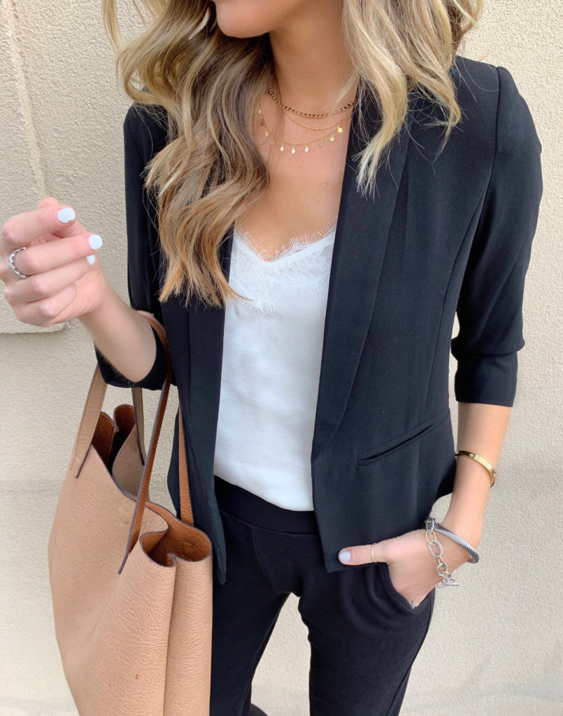 business casual nordstrom mural black blazer with white lace cami