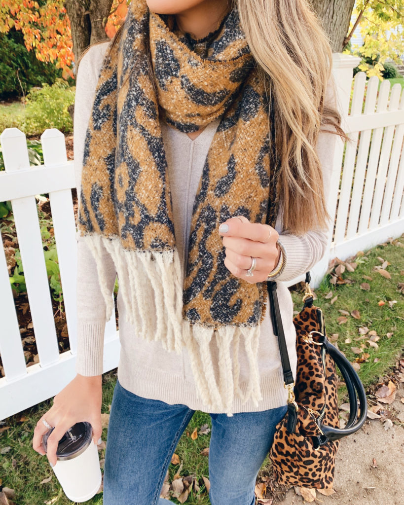 fashion blogger wearing sole society reversible oversize leopard fringe scarf