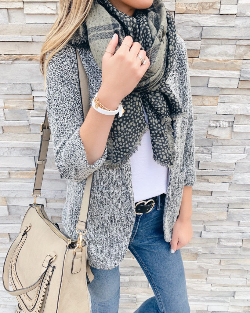 fashion blogger wearing sole society reversible printed triangle scarf