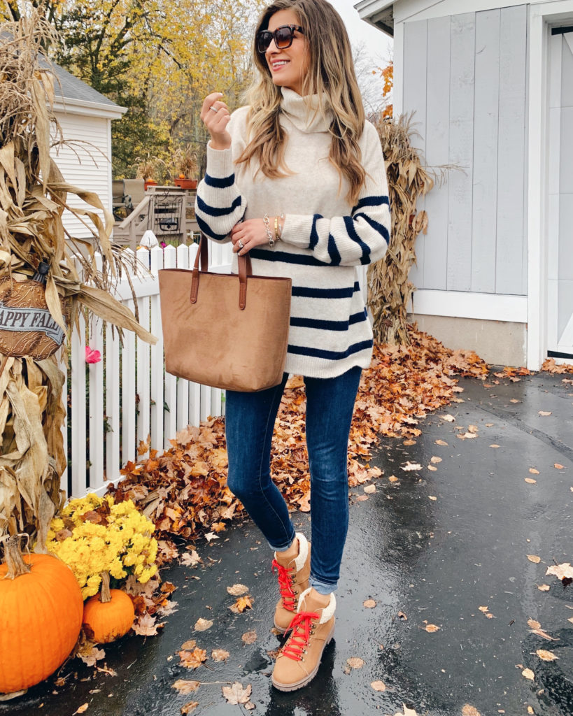 time and tru striped cowl neck striped tunic sweater with jeggings and brown boots with red lace