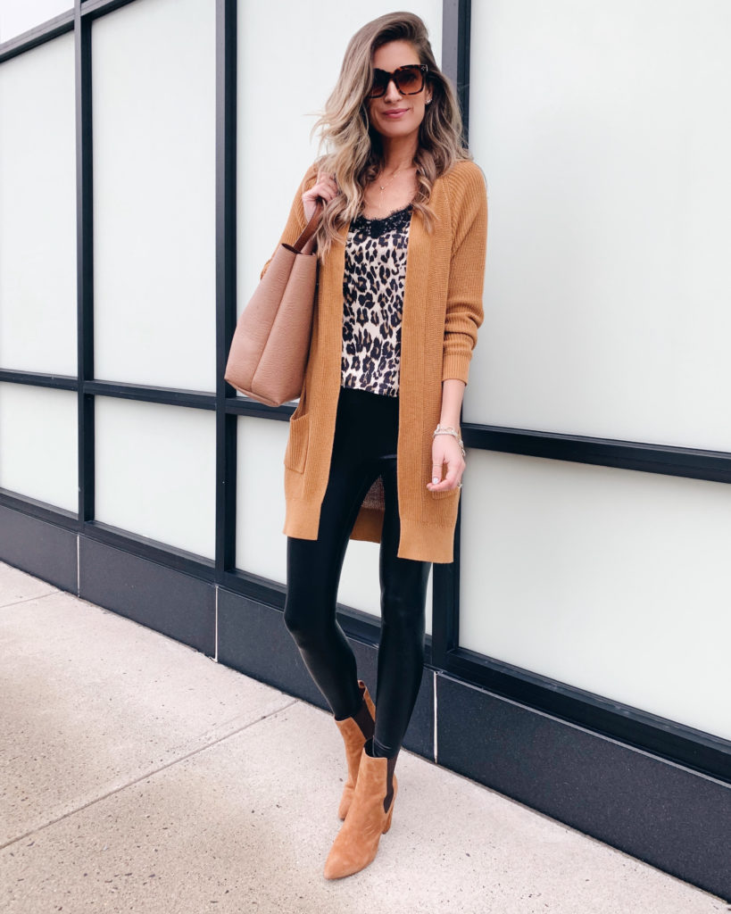 leopard lace trim cami with bp long cardigan commando faux leather leggings and steve madden chestnut suede chelsea boots