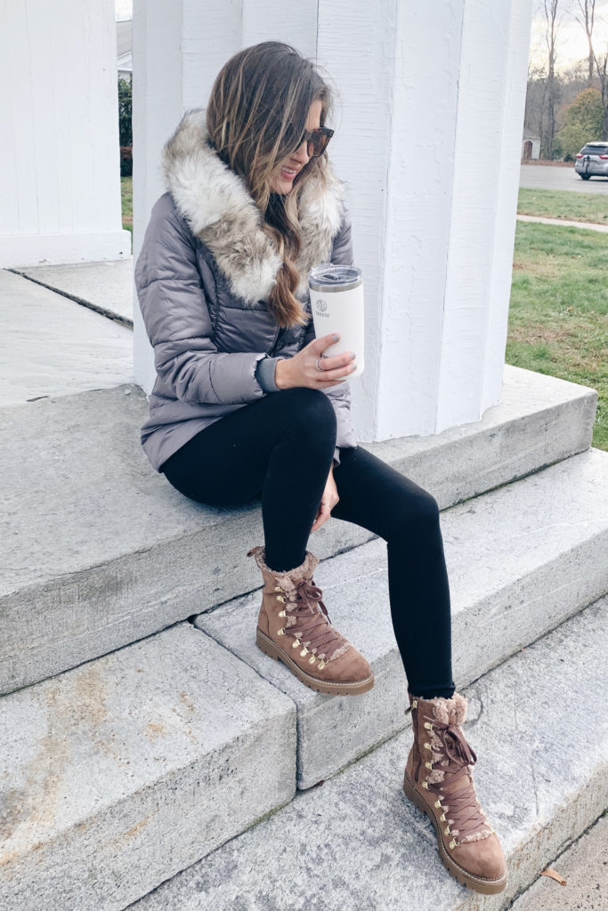 affordable winter puffer jacket with faux fur hood with warm sherpa shearling lined boots