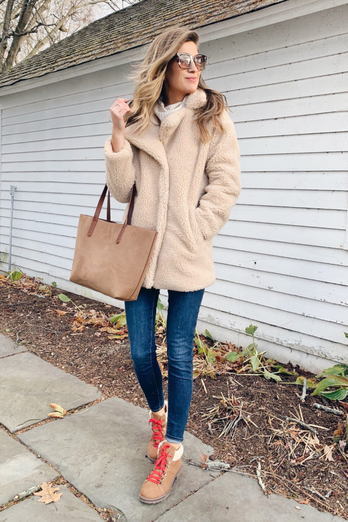 camel tan oversized sherpa coat with jeggings and sherpa lined hiker boots