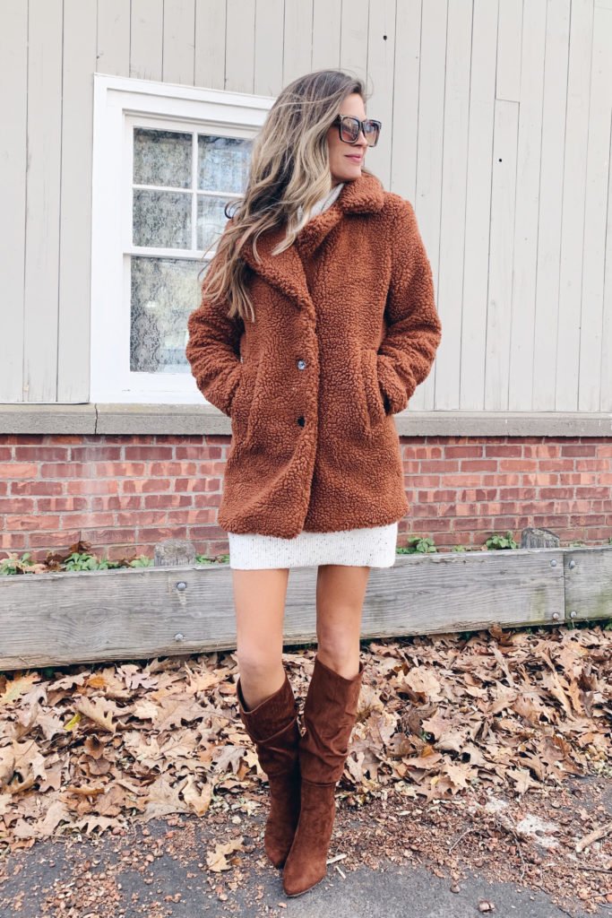 affordable walmart rust collared long teddy jacket with sweter dress and tall boots for fall winter