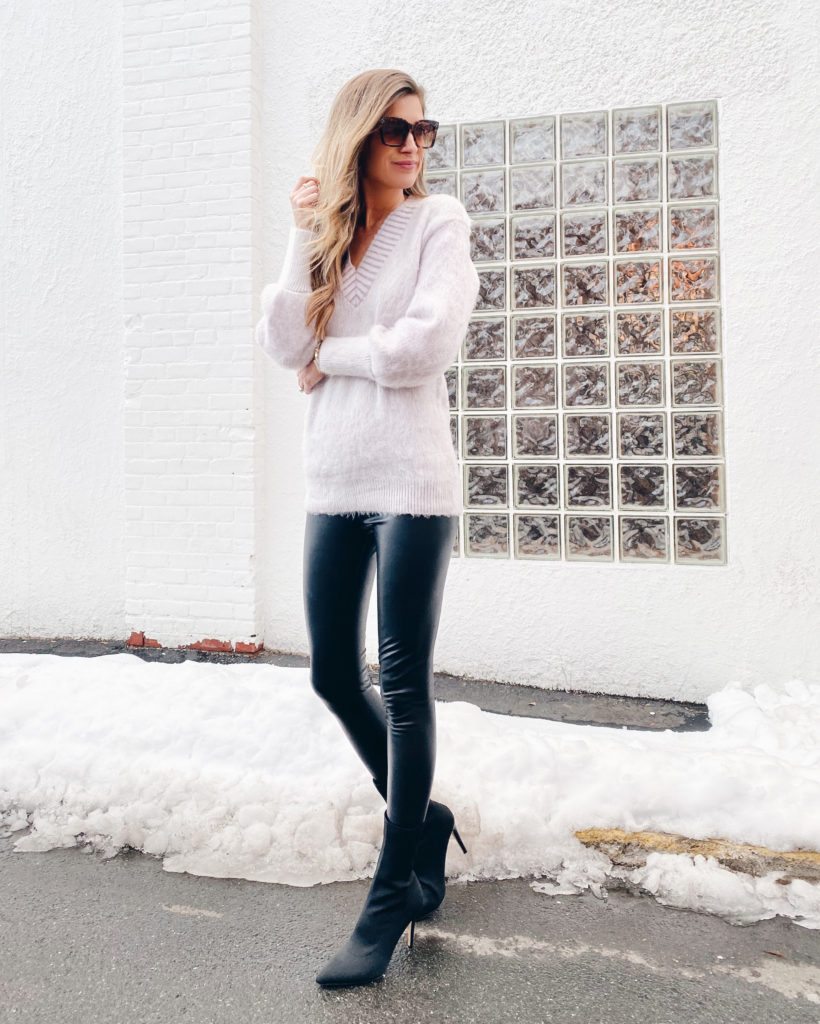 brushed tunic sweater paired with faux leather leggings on sale under $50 on pinteresting plans connecticut fashion blogger Rachel Moore