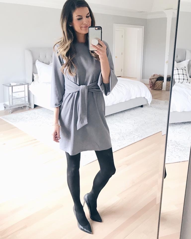 amazon prime dark grey tie waist long sleeve dress with black tights - pinteresting plan fashion blog