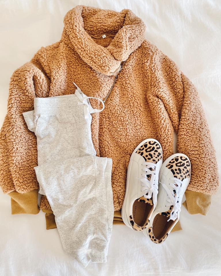 amazon prime khaki brown faux shearling teddy pullover with light grey capri joggers and halogen leopard Cassie 2 Sneakers