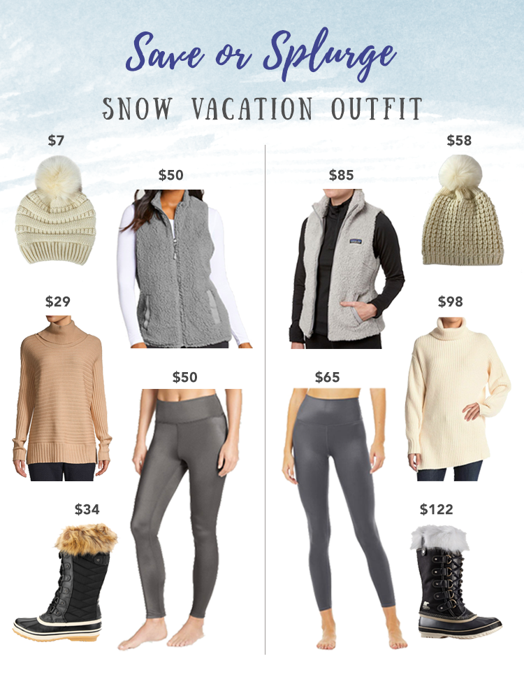save or splurge snow vacation cold weather outfit idea - snow boots leggings faux fur vest pom beanie