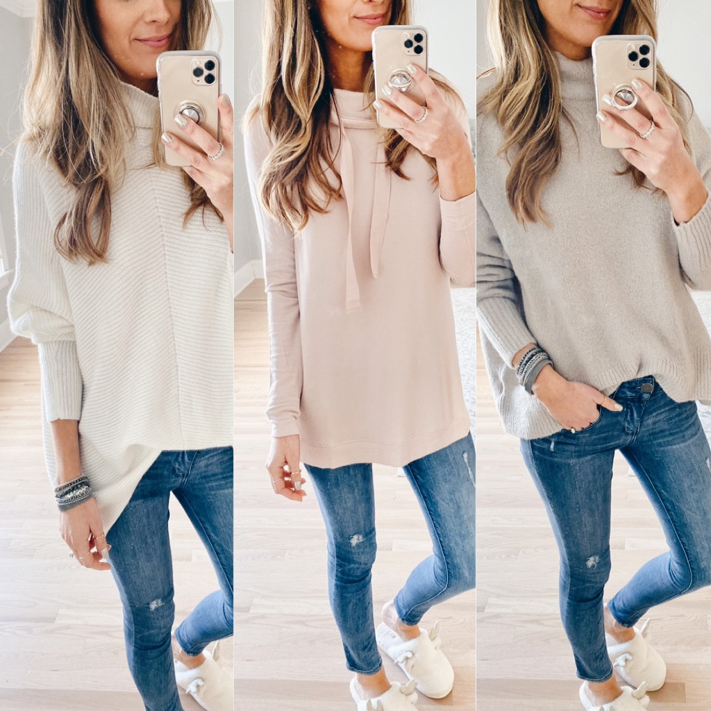 affordable women’s amazon prime fashion - basic everyday casual white sweater, pink tunic and grey mock neck cozy sweater