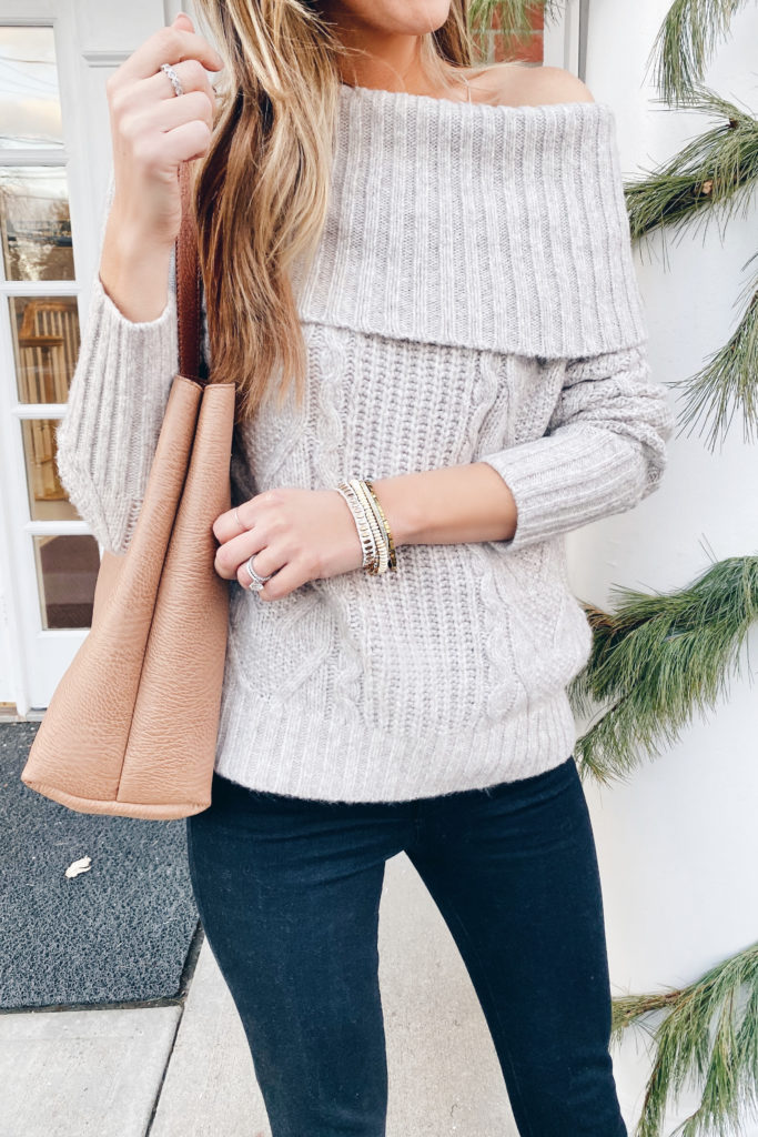 Express beige cream cable knit off the shoulder sweater with Victoria Emerson kalamazoo neutral boho wrap bracelet