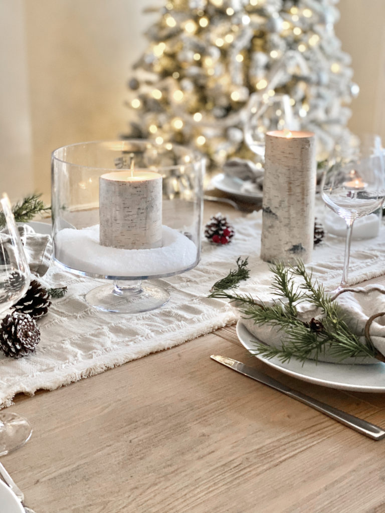 simple holiday tablescape using natural elements and flameless candles - pinteresting plans blog