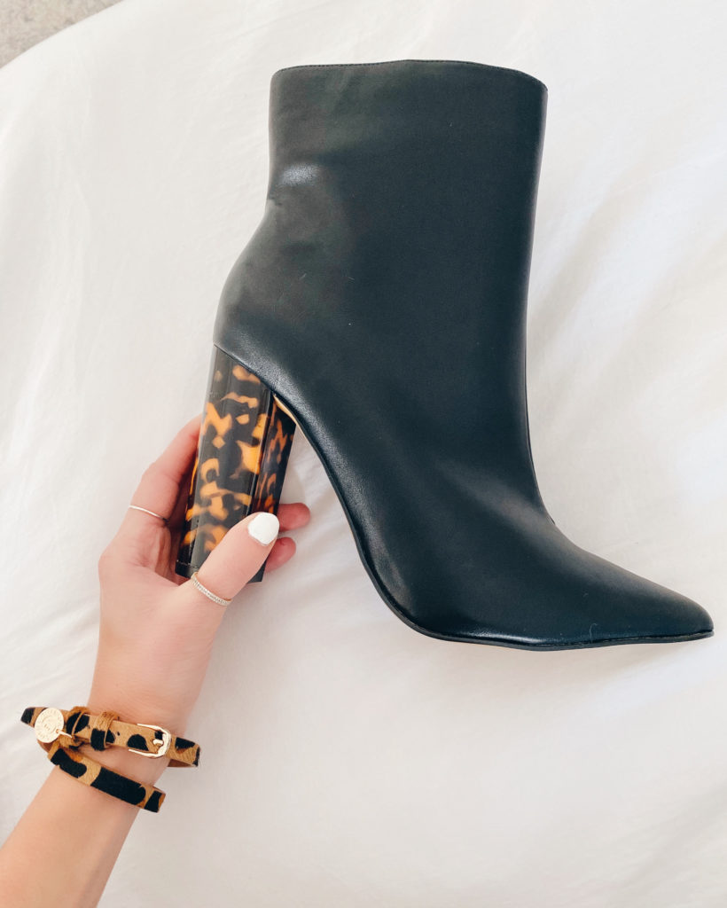 Victoria Emerson leopard wrap bracelet and tortoise heel boots