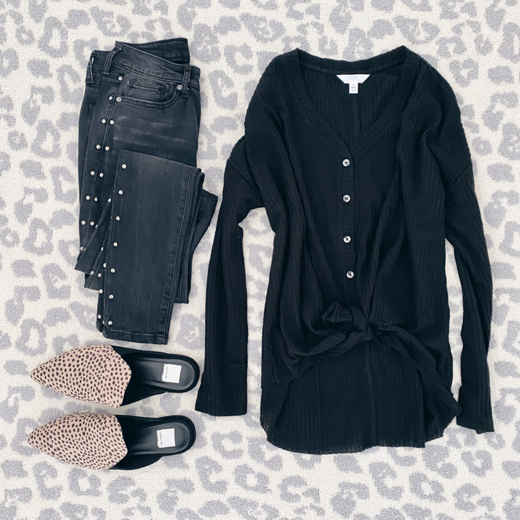 walmart outfit ideas - january 2020 - black thermal with leopard mules - pinteresting plans fashion blog