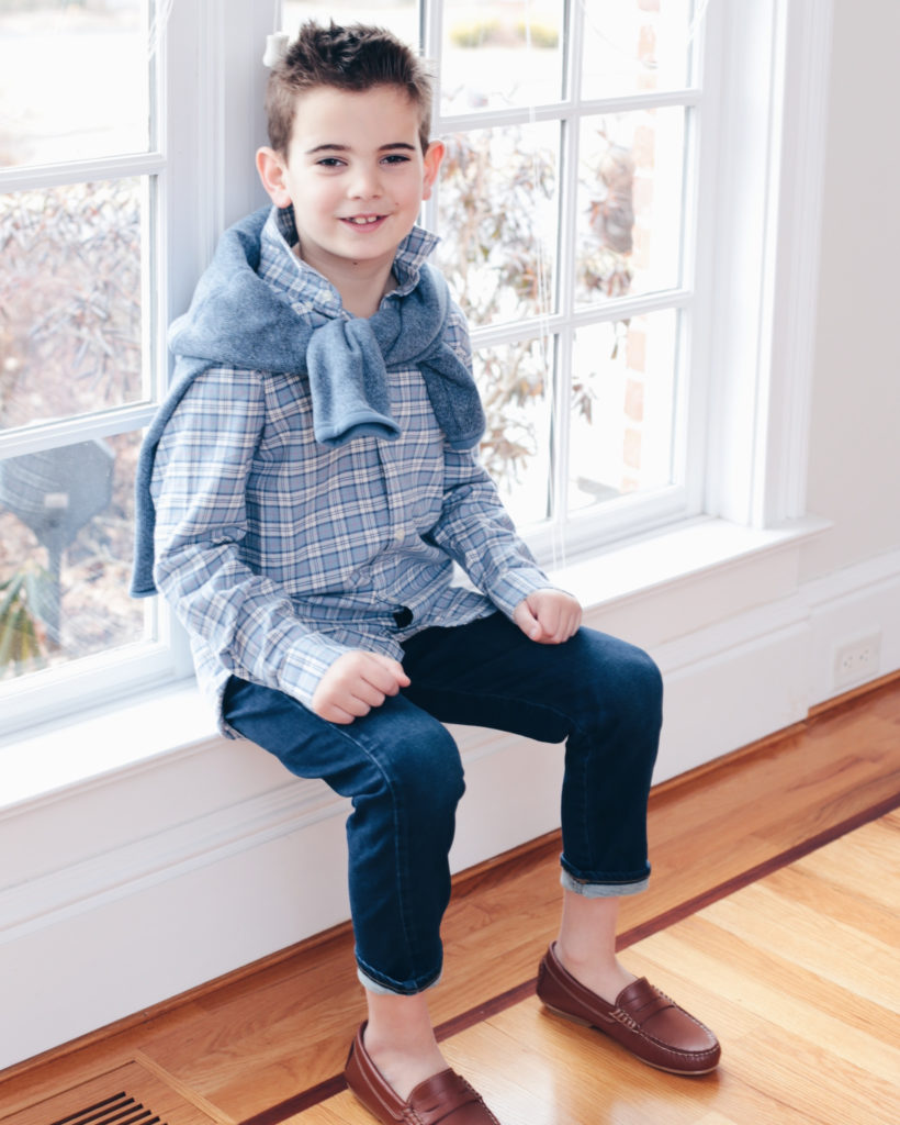 boys Vineyard vines Cades Flannel Whale Shirt with kids wooly blue better sweater quarter zip pullover and navy 1901 chukka boots