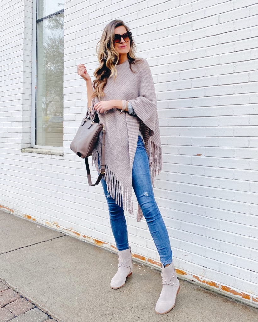 how to wear light layers in spring - sole society dusty pink striped kit fringe poncho with belvanne taupe studded booties