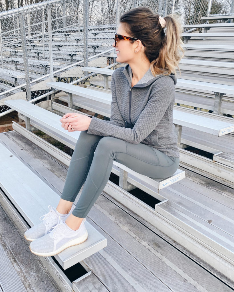 Jockey gray quilted hooded jacked and forest green Moto workout athleisure leggings on Pinteresting plans blog