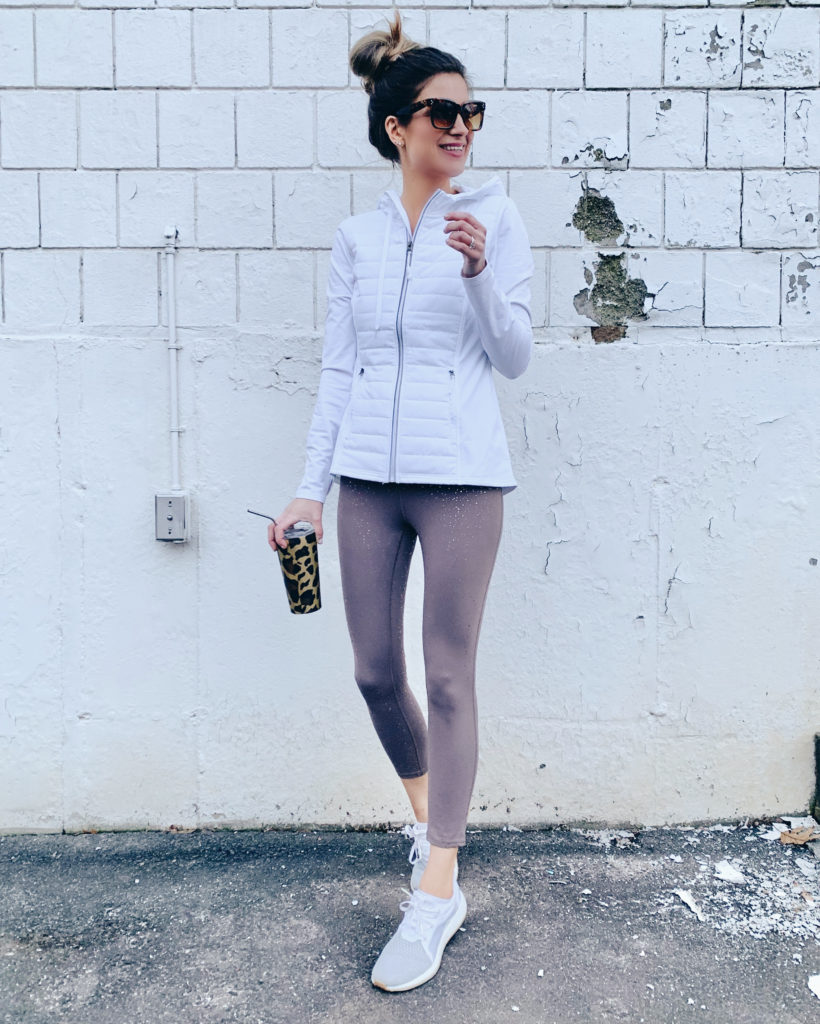 Rachel Moore wearing Jockey white hooded tech jacket - women’s athletic and athleisure wear on Pinteresting plans blog