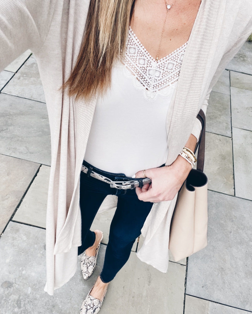 casual spring outfit with maxi cardigan and Victoria Emerson boho cuff bracelet