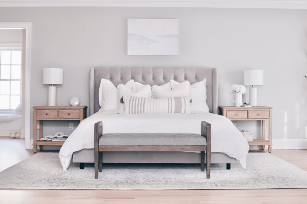 modern master bedroom with upholstered bed - pinteresting plans blog