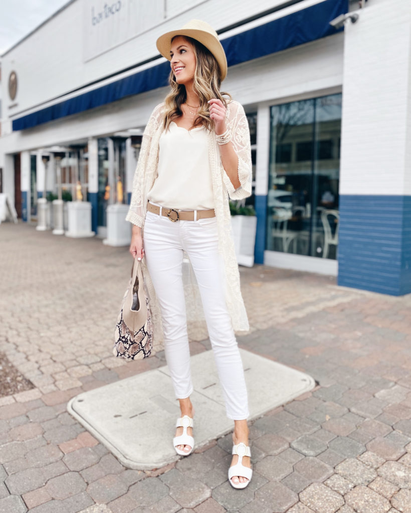 spring weekend outfit - cream crochet lace kimono duster with white skinny pants and j. crew scalloped cami