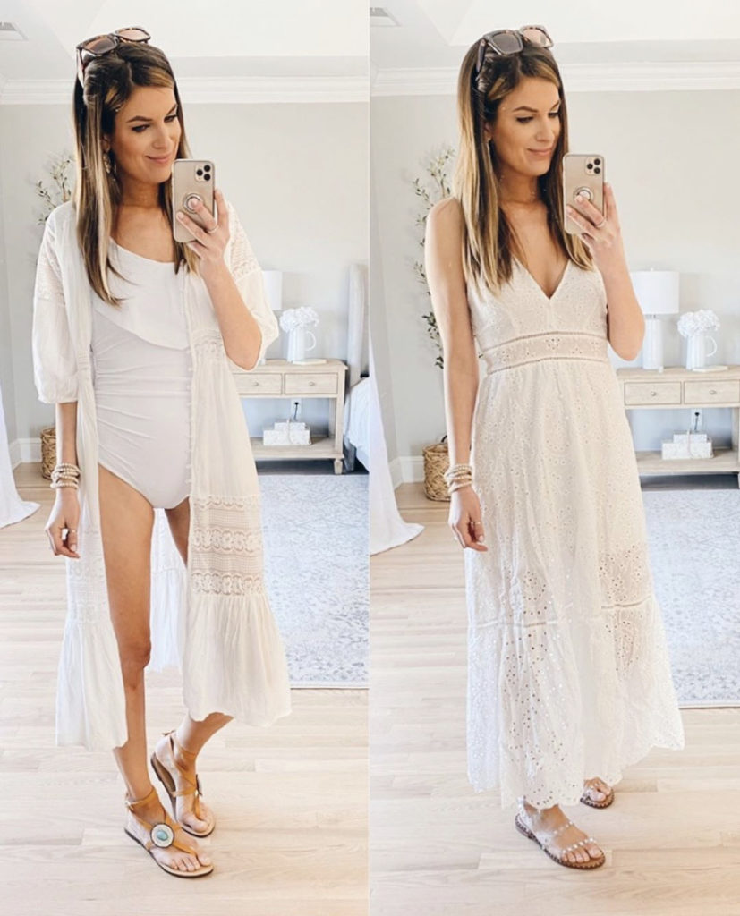 what to pack for a beach trip - white swimsuit, coverup and maxi dress