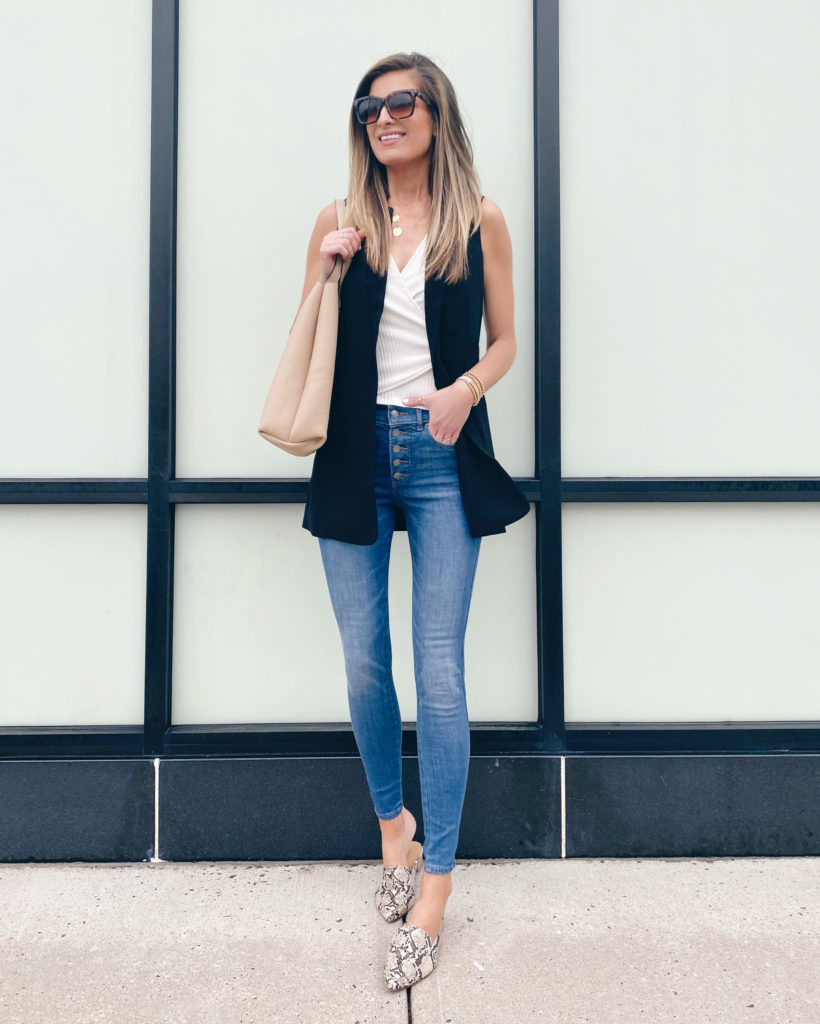 how to style a black faux double breasted blazer vest
