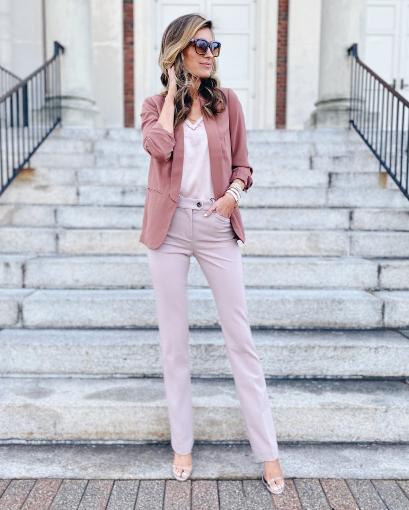 new spring workwear fashion trends - monochrome pink outfit to wear to the office