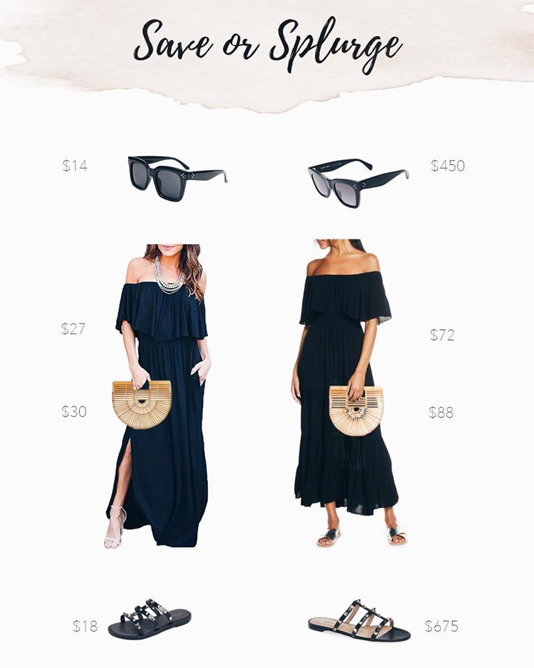 save or splurge fashion - strapless black maxi dress with cult gaia mini ark bag dupe