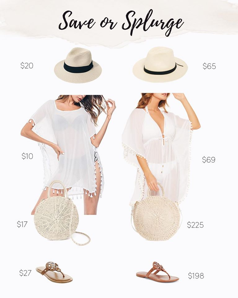 save or splurge summer fashion - swimsuit coverup kaftan and straw hat and tote bag