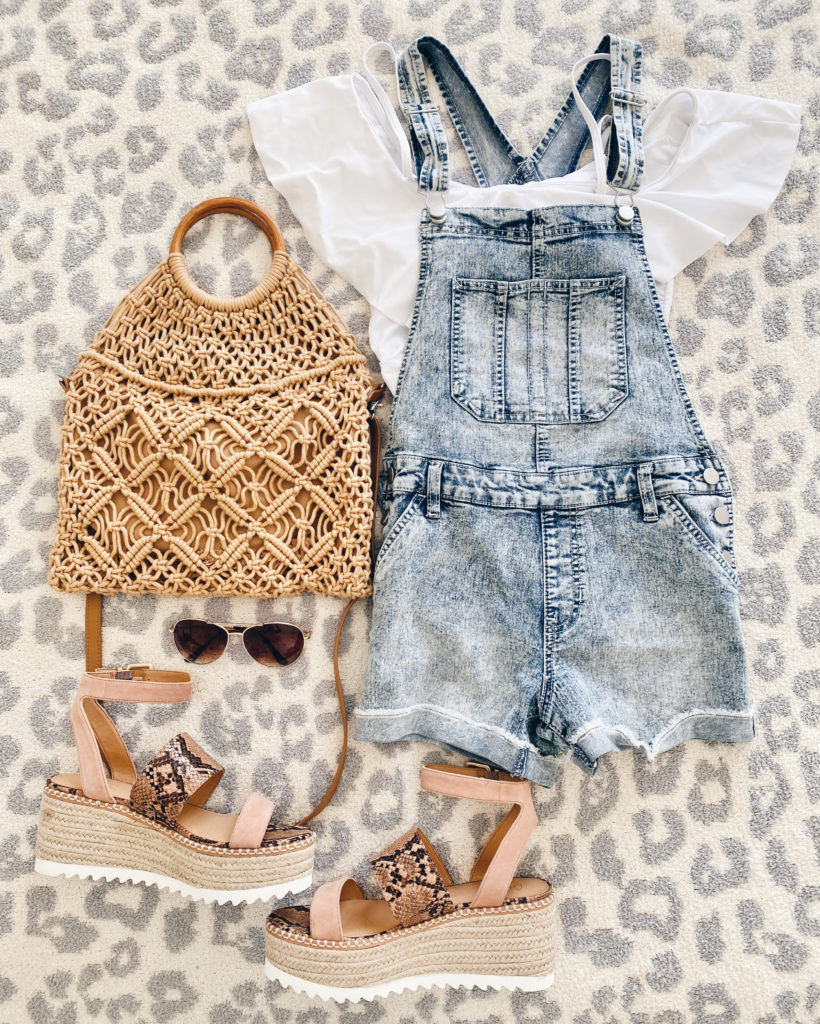 vacation outfit idea with snakeskin espadrille sandals and overall shorts