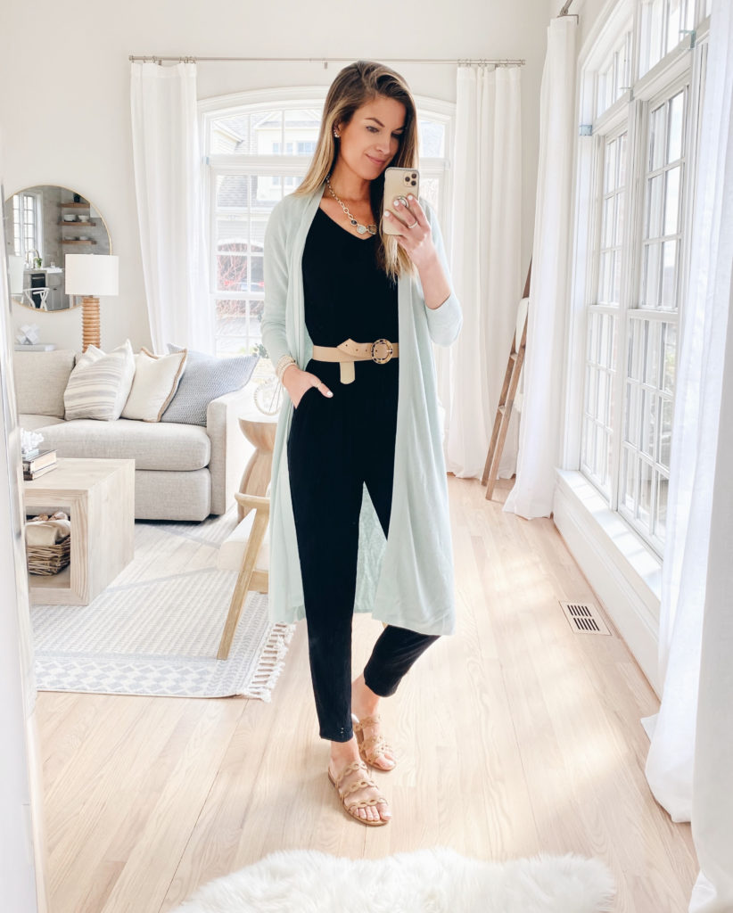 3 ways to style a spring cardigan - over a black jumpsuit 