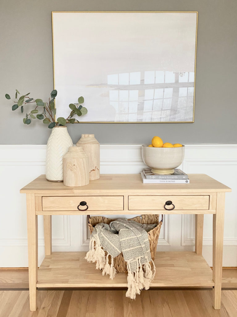 how to style a console table - baskets and vases - pinteresting plans blog