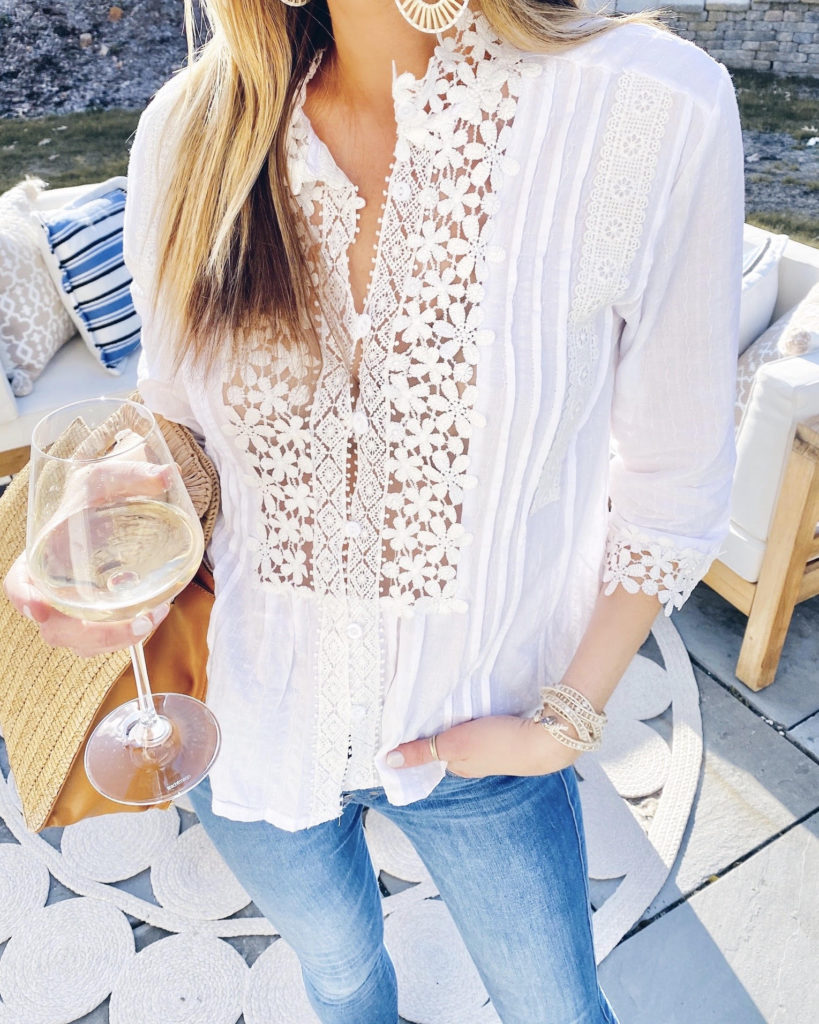 white lace floral crochet v-neck top from amazon with express button fly jeans and Victoria Emerson wrap bracelet