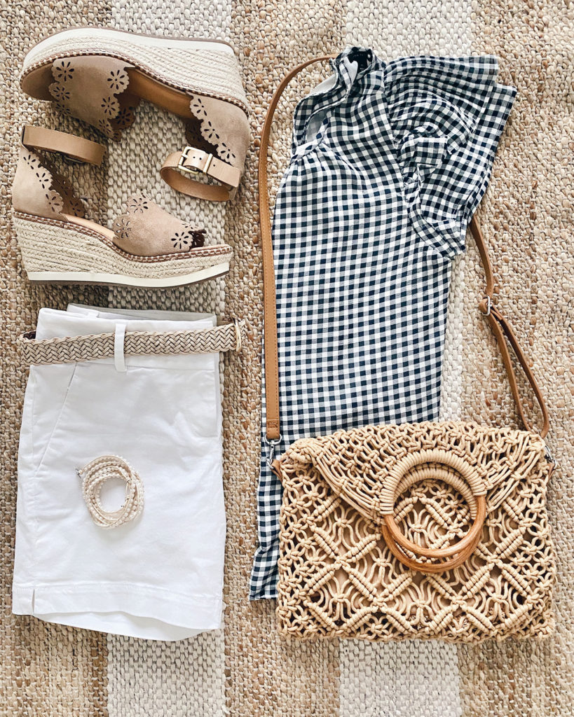 Ann Taylor gingham flutter sleeve top with white shorts laser cut espadrilles woven summer bag and Victoria Emerson wrap bracelet