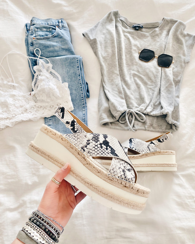 tie waist top and jeans from express with free people adella bralette and marc fisher snake print platform sandals