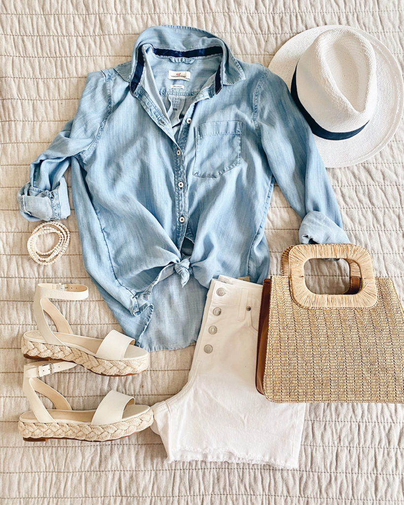 late spring and summer outfit ideas with chambray top white button fly shorts and Victoria Emerson wrap bracelet