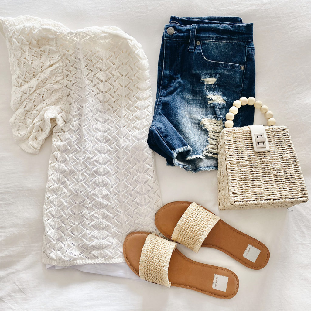white pointelle crewneck lightweight sweater for spring with denim boyfriend shorts on Pinteresting plans fashion blog