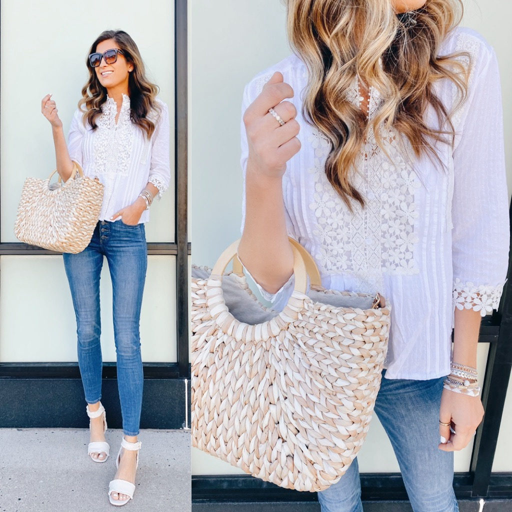 amazon white lace crochet top and straw bag on pinteresting plans fashion blog