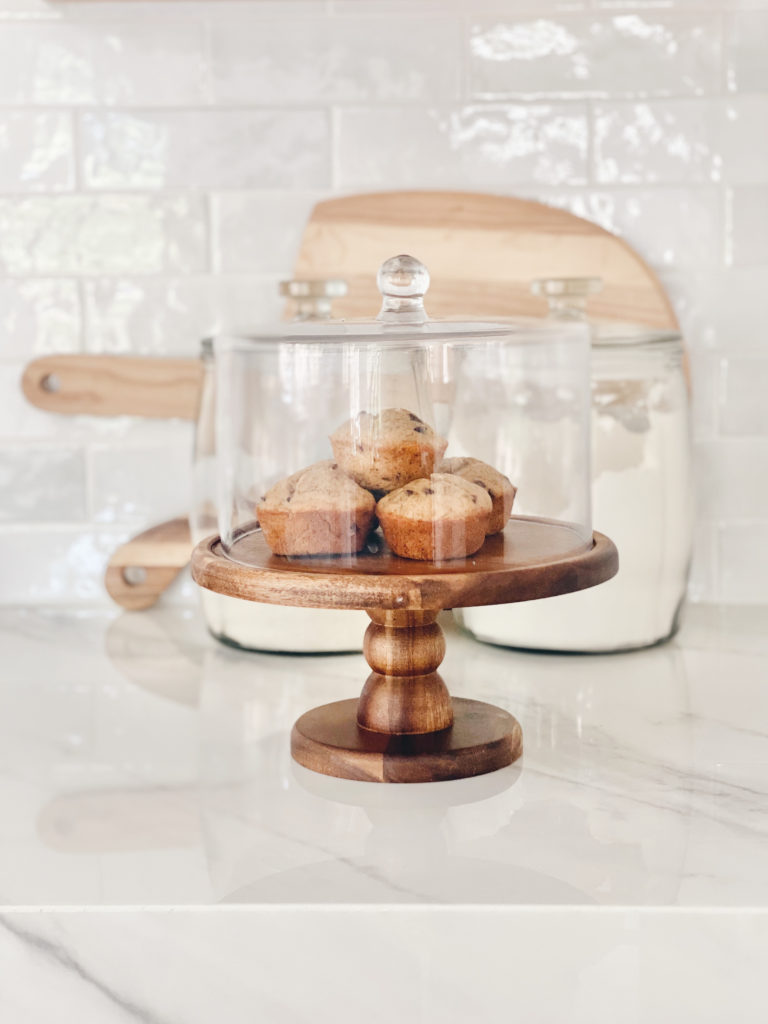 natural brown classic pedestal cake stand with wood base and glass cover