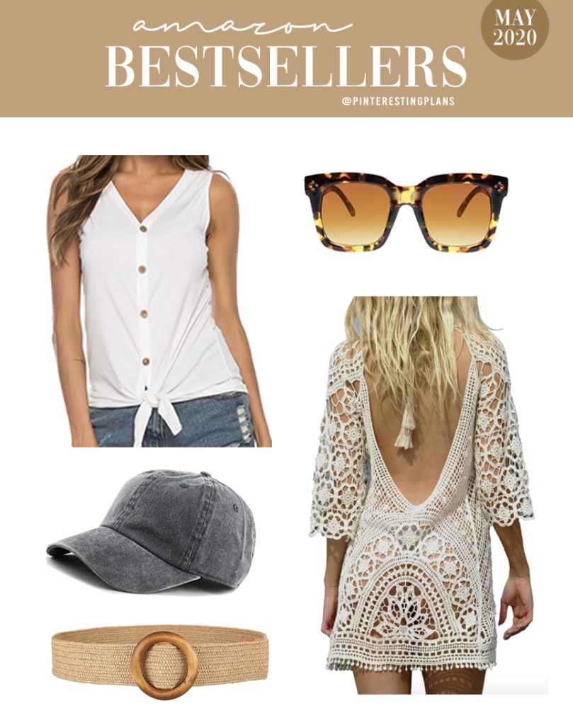 white tie front tank, baseball cap, woven belt, square sunglasses and lace crochet swim coverup on pinteresting plans top 5 amazon bestsellers
