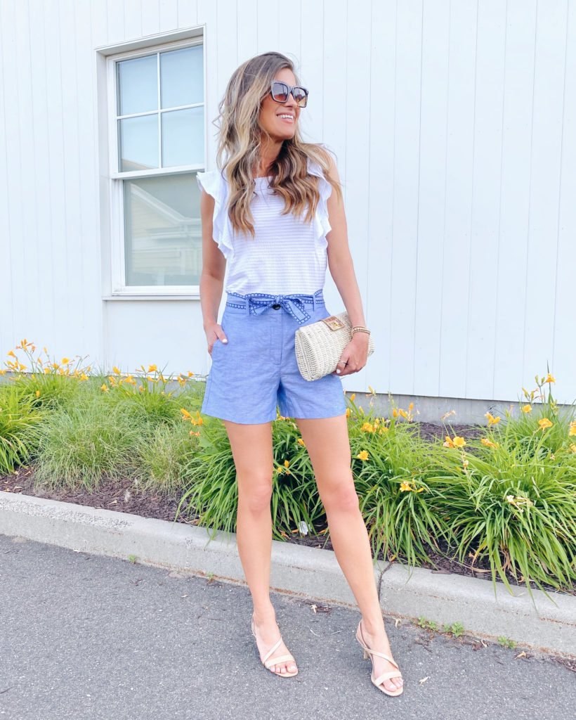 white seersucker square neck ruffle top with chambray belted shorts - coastal style summer date night outfit