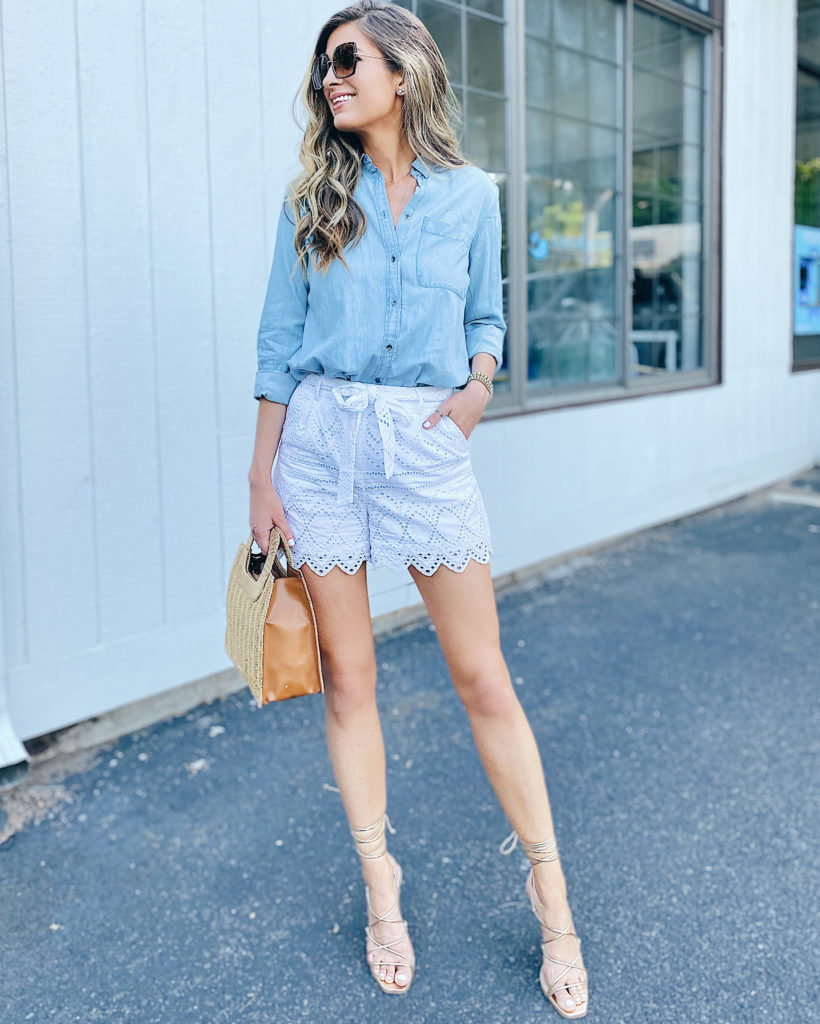 casual summer outfit ideas featuring chambray shirt and white eyelet shorts