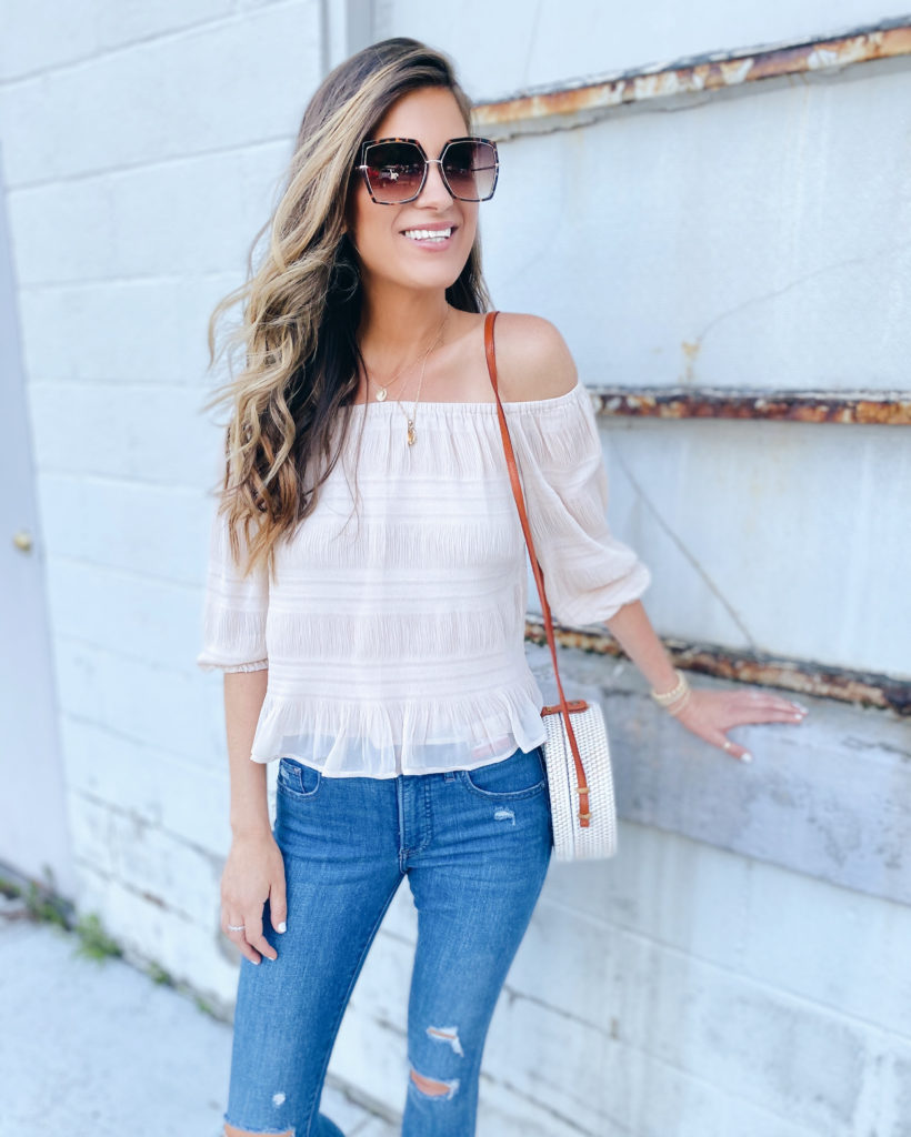 casual summer outfit ideas featuring off the shoulder top and jeans
