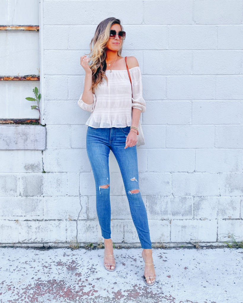 summer outfit with jeans and white off the shoulder top on pinteresting plans fashion blog