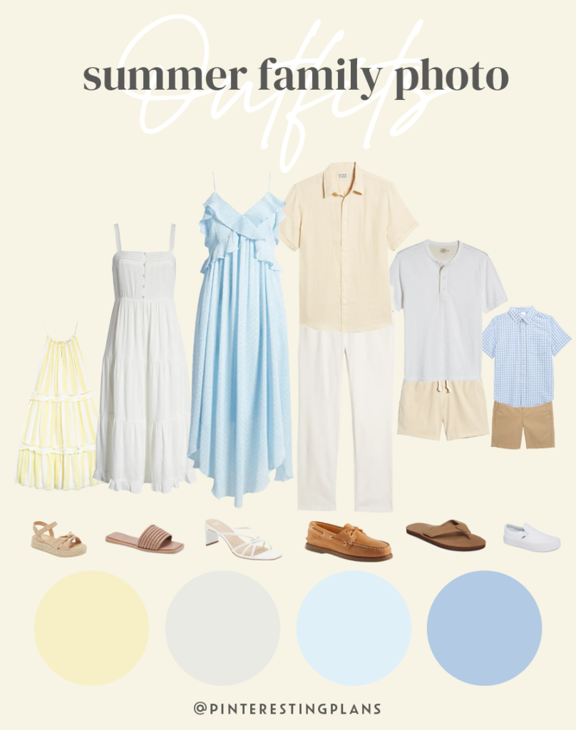 family outfit ideas for summer photos - pastel yellow and blue color scheme