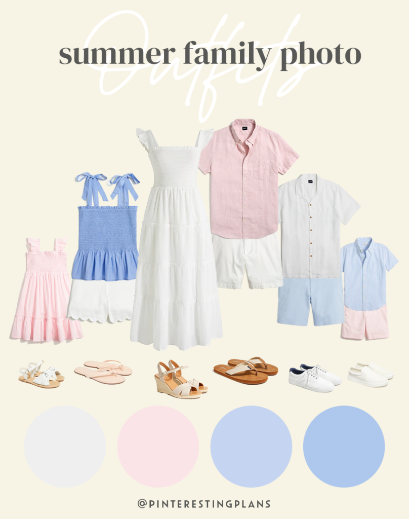 outfit ideas for an outdoor summer family photoshoot - pink and blue pastel color scheme