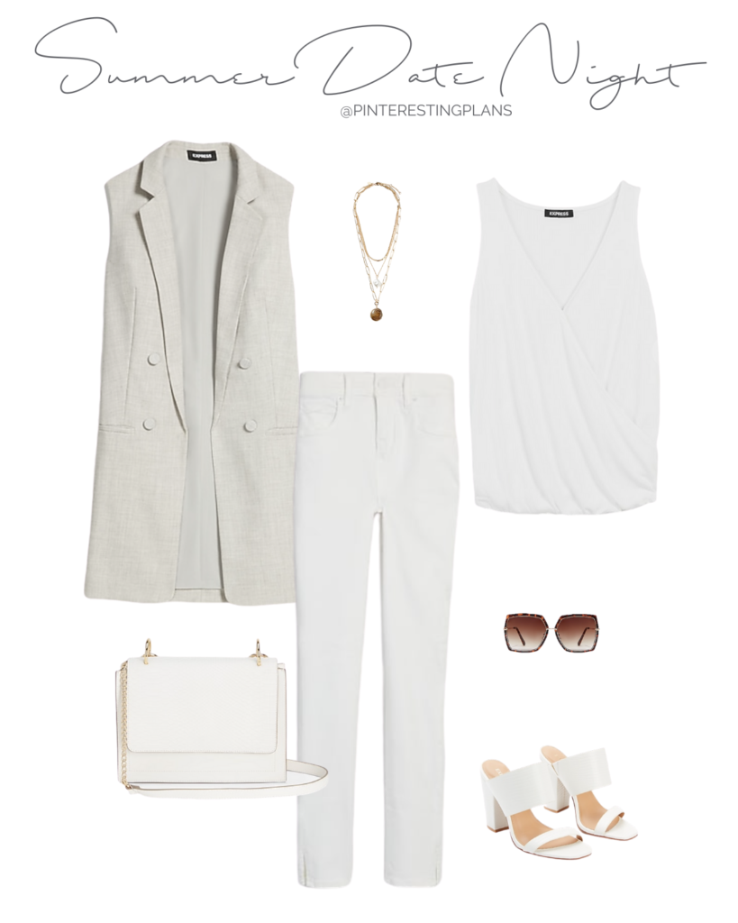 monochrome summer date night outfit with white jeans