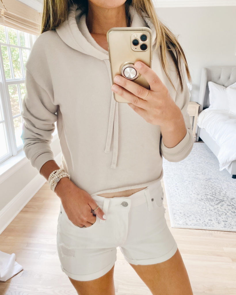 affordable amazon fashion cropped hoodie with levi's white mid length denim shorts