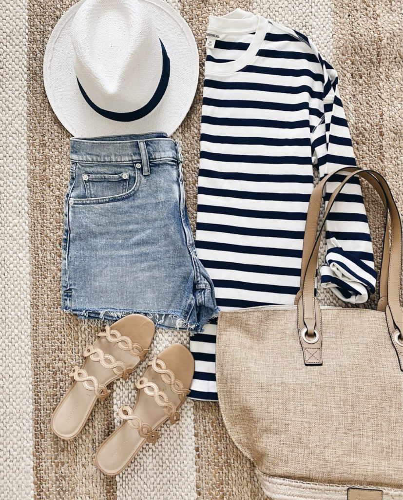 Amazon stripe tee with lucky brand mid rise relaxed shorts and Vince Camuto neutral tote bag flat lay summer outfit
